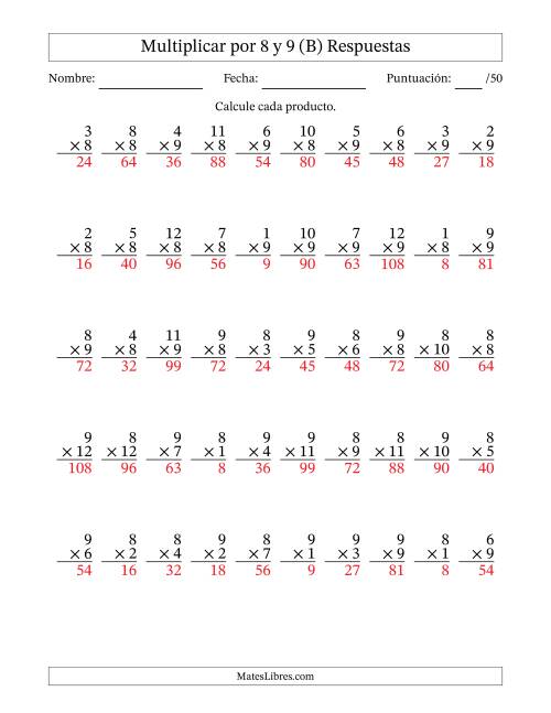 La hoja de ejercicios de Multiplicar (Factores de 1 a 12) por 8 y 9 (50 Preguntas) (B) Página 2