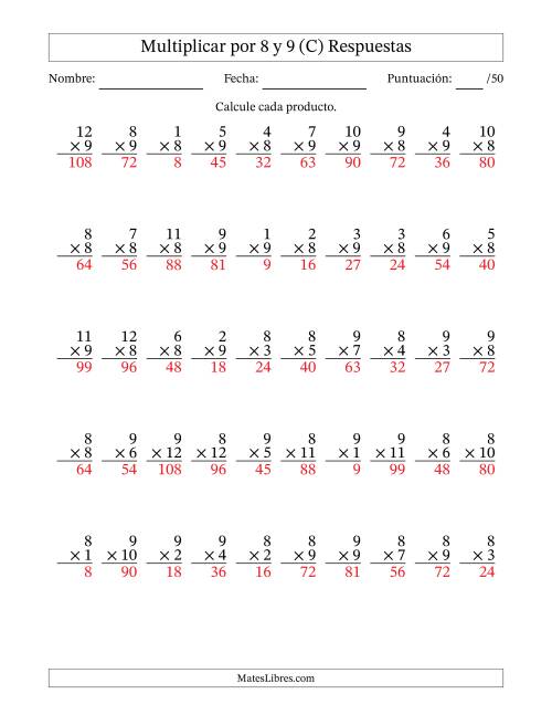 La hoja de ejercicios de Multiplicar (Factores de 1 a 12) por 8 y 9 (50 Preguntas) (C) Página 2