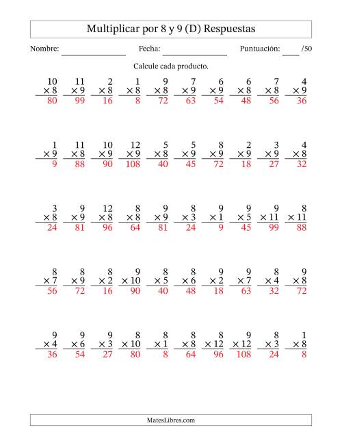 La hoja de ejercicios de Multiplicar (Factores de 1 a 12) por 8 y 9 (50 Preguntas) (D) Página 2