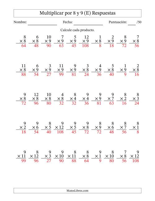 La hoja de ejercicios de Multiplicar (Factores de 1 a 12) por 8 y 9 (50 Preguntas) (E) Página 2