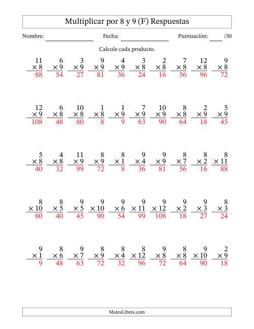 La hoja de ejercicios de Multiplicar (Factores de 1 a 12) por 8 y 9 (50 Preguntas) (F) Página 2