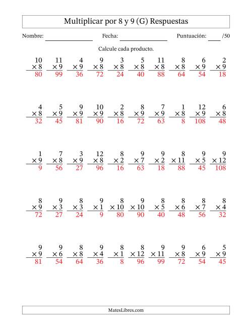 La hoja de ejercicios de Multiplicar (Factores de 1 a 12) por 8 y 9 (50 Preguntas) (G) Página 2