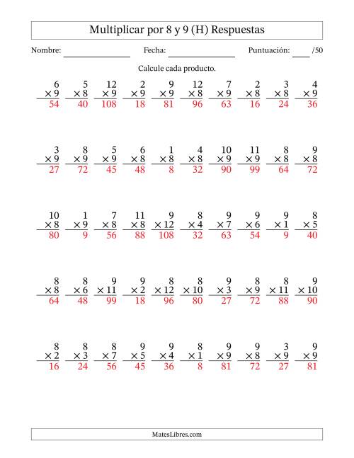 La hoja de ejercicios de Multiplicar (Factores de 1 a 12) por 8 y 9 (50 Preguntas) (H) Página 2