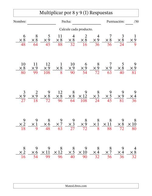 La hoja de ejercicios de Multiplicar (Factores de 1 a 12) por 8 y 9 (50 Preguntas) (I) Página 2