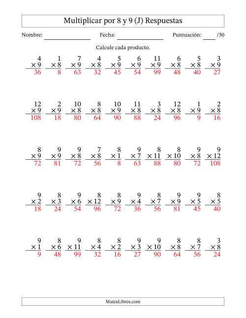 La hoja de ejercicios de Multiplicar (Factores de 1 a 12) por 8 y 9 (50 Preguntas) (J) Página 2