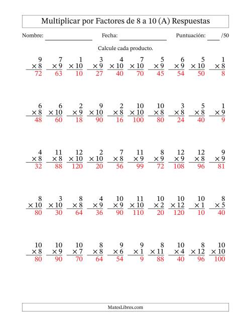 La hoja de ejercicios de Multiplicar (Factores de 1 a 12) por Factores de 8 a 10 (50 Preguntas) (A) Página 2