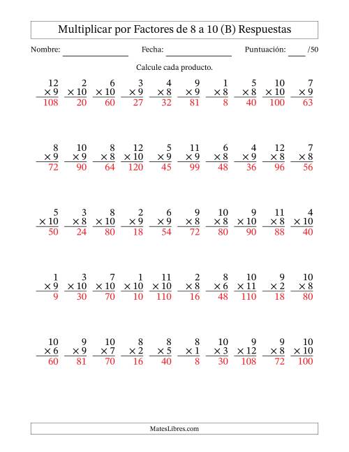 La hoja de ejercicios de Multiplicar (Factores de 1 a 12) por Factores de 8 a 10 (50 Preguntas) (B) Página 2