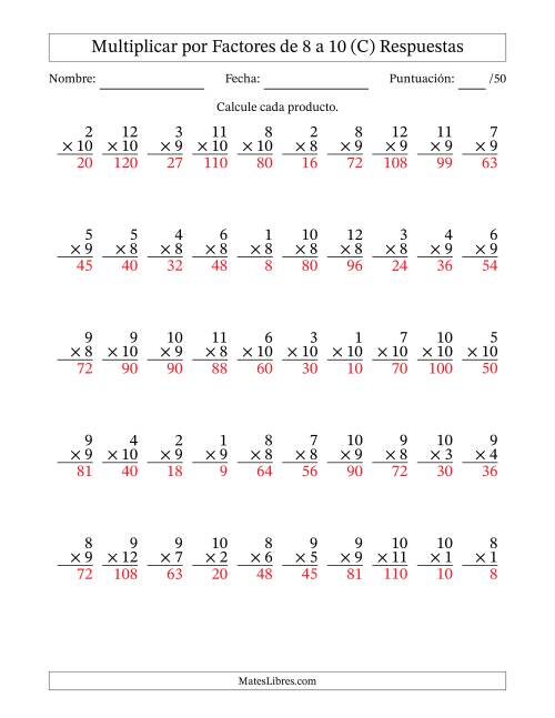 La hoja de ejercicios de Multiplicar (Factores de 1 a 12) por Factores de 8 a 10 (50 Preguntas) (C) Página 2