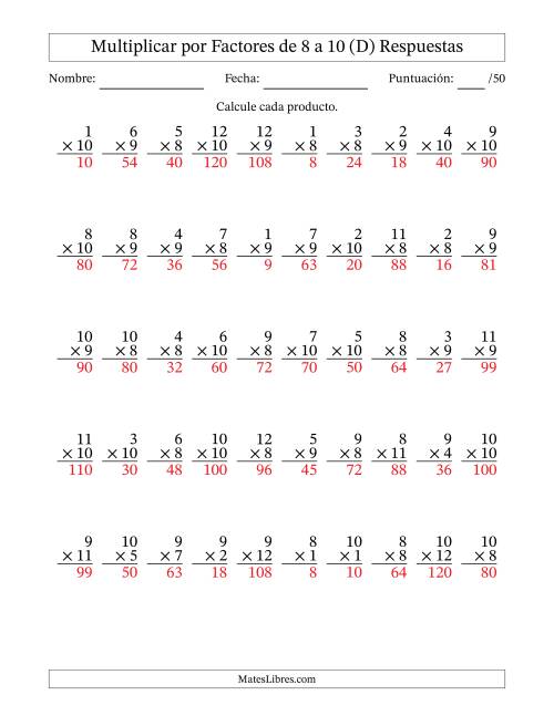 La hoja de ejercicios de Multiplicar (Factores de 1 a 12) por Factores de 8 a 10 (50 Preguntas) (D) Página 2