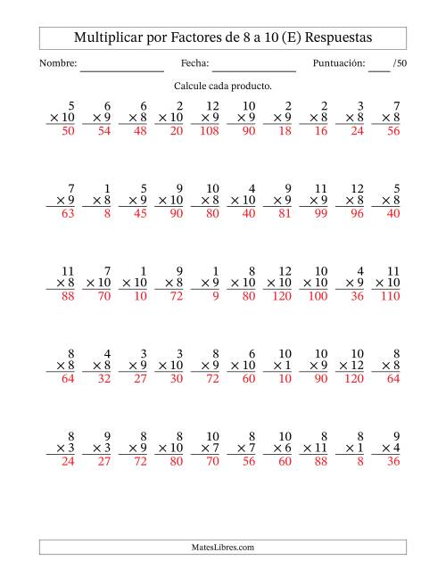 La hoja de ejercicios de Multiplicar (Factores de 1 a 12) por Factores de 8 a 10 (50 Preguntas) (E) Página 2