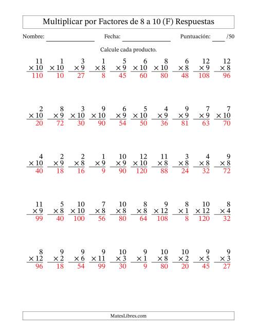 La hoja de ejercicios de Multiplicar (Factores de 1 a 12) por Factores de 8 a 10 (50 Preguntas) (F) Página 2