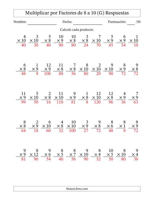 La hoja de ejercicios de Multiplicar (Factores de 1 a 12) por Factores de 8 a 10 (50 Preguntas) (G) Página 2