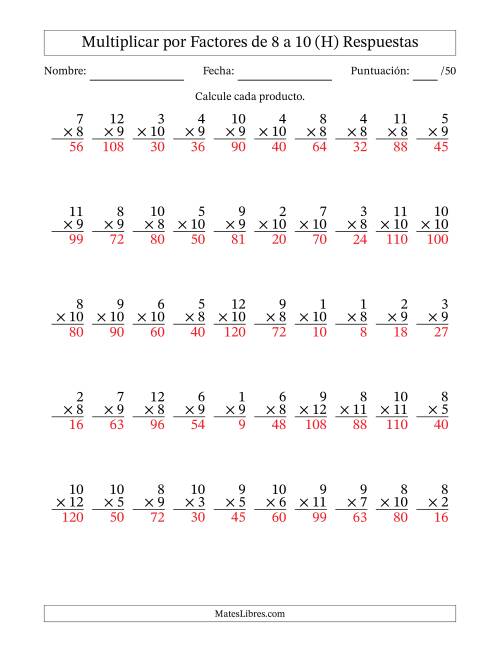 La hoja de ejercicios de Multiplicar (Factores de 1 a 12) por Factores de 8 a 10 (50 Preguntas) (H) Página 2