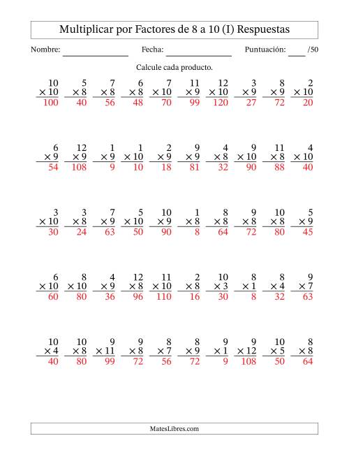 La hoja de ejercicios de Multiplicar (Factores de 1 a 12) por Factores de 8 a 10 (50 Preguntas) (I) Página 2