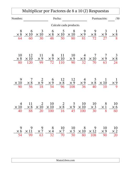 La hoja de ejercicios de Multiplicar (Factores de 1 a 12) por Factores de 8 a 10 (50 Preguntas) (J) Página 2