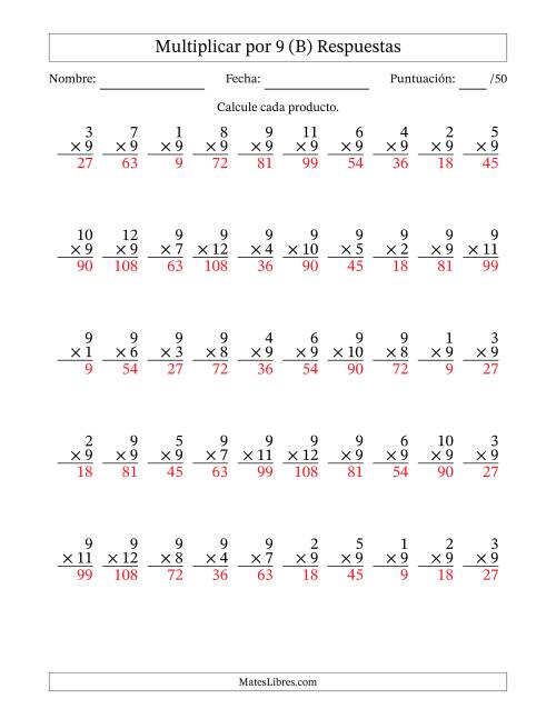 La hoja de ejercicios de Multiplicar (Factores de 1 a 12) por 9 (50 Preguntas) (B) Página 2