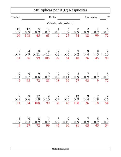 La hoja de ejercicios de Multiplicar (Factores de 1 a 12) por 9 (50 Preguntas) (C) Página 2