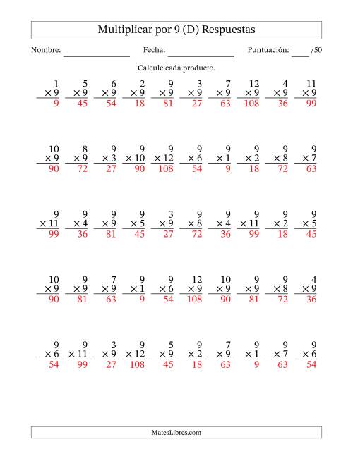 La hoja de ejercicios de Multiplicar (Factores de 1 a 12) por 9 (50 Preguntas) (D) Página 2