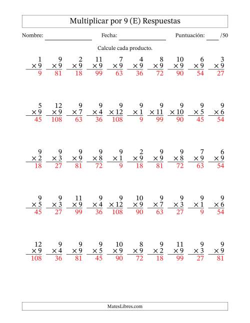 La hoja de ejercicios de Multiplicar (Factores de 1 a 12) por 9 (50 Preguntas) (E) Página 2