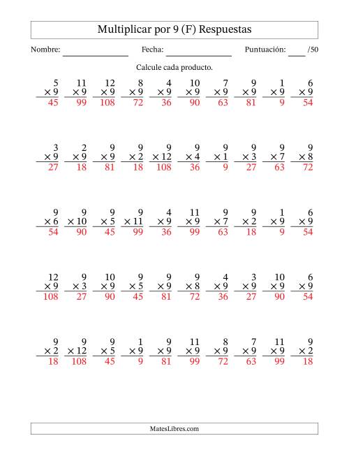 La hoja de ejercicios de Multiplicar (Factores de 1 a 12) por 9 (50 Preguntas) (F) Página 2