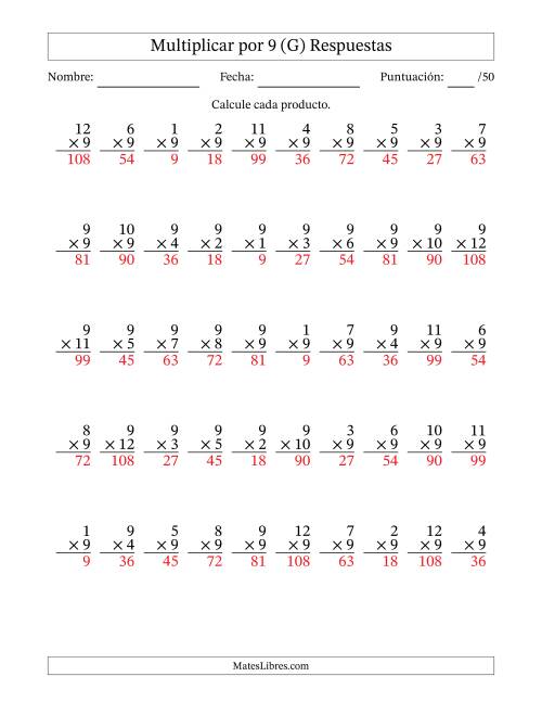 La hoja de ejercicios de Multiplicar (Factores de 1 a 12) por 9 (50 Preguntas) (G) Página 2