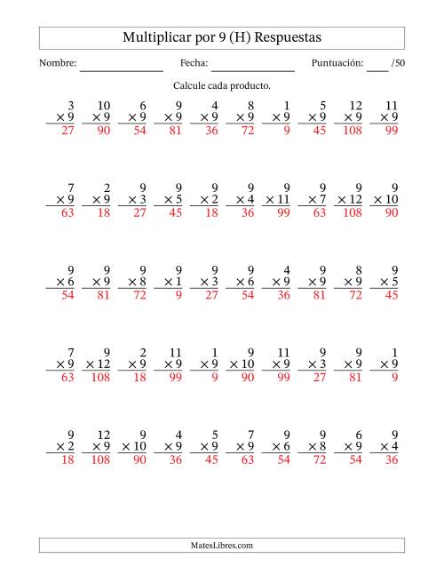 La hoja de ejercicios de Multiplicar (Factores de 1 a 12) por 9 (50 Preguntas) (H) Página 2