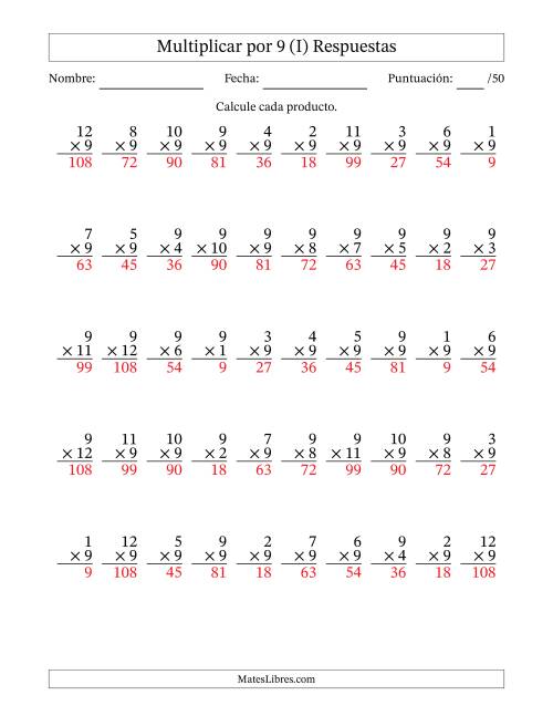 La hoja de ejercicios de Multiplicar (Factores de 1 a 12) por 9 (50 Preguntas) (I) Página 2