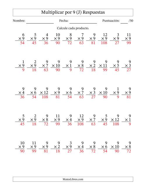 La hoja de ejercicios de Multiplicar (Factores de 1 a 12) por 9 (50 Preguntas) (J) Página 2
