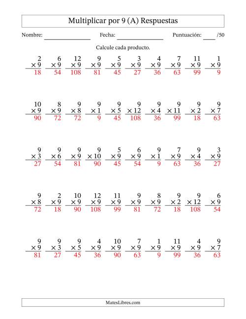 La hoja de ejercicios de Multiplicar (Factores de 1 a 12) por 9 (50 Preguntas) (Todas) Página 2