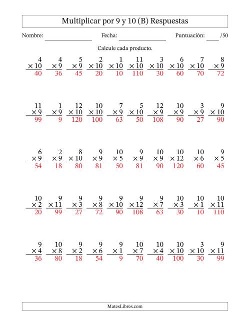 La hoja de ejercicios de Multiplicar (Factores de 1 a 12) por 9 y 10 (50 Preguntas) (B) Página 2