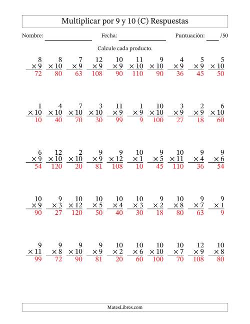 La hoja de ejercicios de Multiplicar (Factores de 1 a 12) por 9 y 10 (50 Preguntas) (C) Página 2