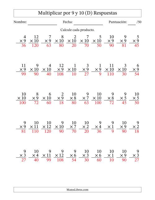 La hoja de ejercicios de Multiplicar (Factores de 1 a 12) por 9 y 10 (50 Preguntas) (D) Página 2