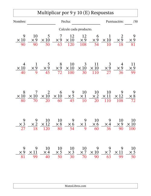 La hoja de ejercicios de Multiplicar (Factores de 1 a 12) por 9 y 10 (50 Preguntas) (E) Página 2