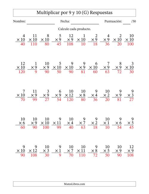 La hoja de ejercicios de Multiplicar (Factores de 1 a 12) por 9 y 10 (50 Preguntas) (G) Página 2