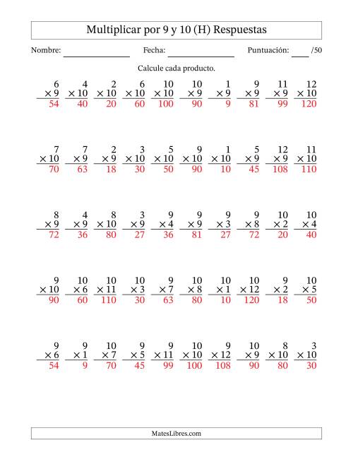 La hoja de ejercicios de Multiplicar (Factores de 1 a 12) por 9 y 10 (50 Preguntas) (H) Página 2