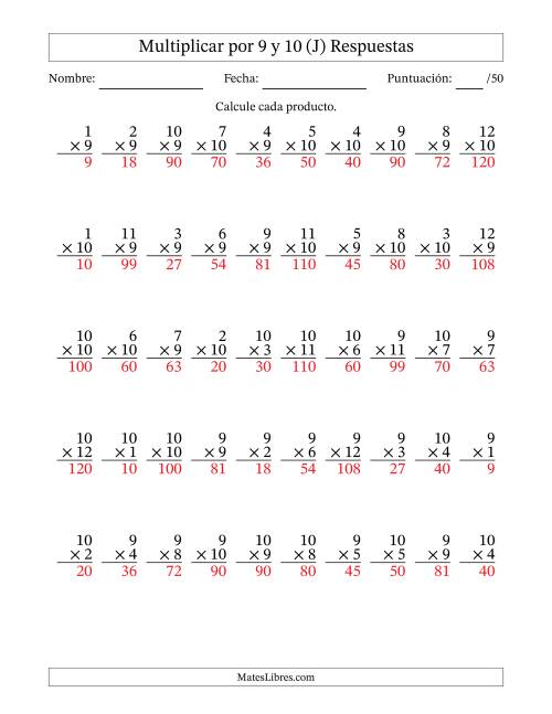 La hoja de ejercicios de Multiplicar (Factores de 1 a 12) por 9 y 10 (50 Preguntas) (J) Página 2