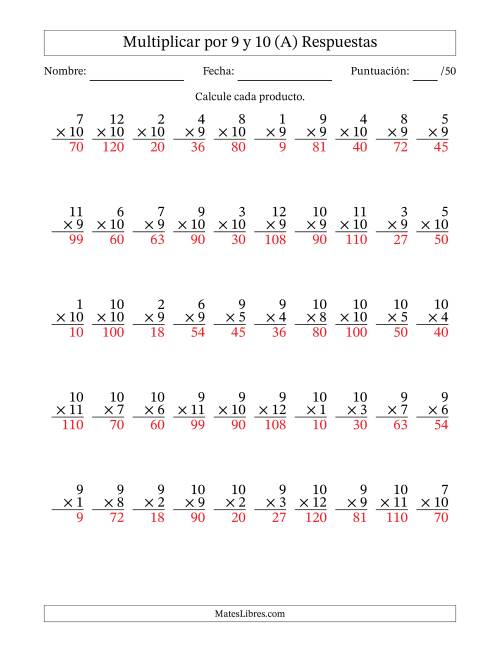 La hoja de ejercicios de Multiplicar (Factores de 1 a 12) por 9 y 10 (50 Preguntas) (Todas) Página 2