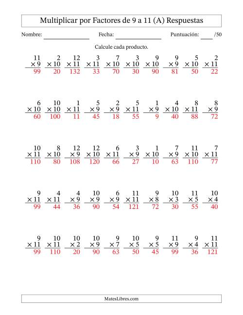 La hoja de ejercicios de Multiplicar (Factores de 1 a 12) por Factores de 9 a 11 (50 Preguntas) (A) Página 2