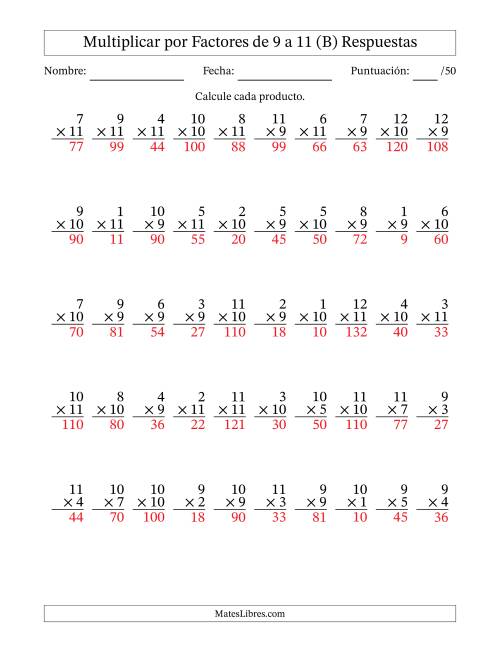 La hoja de ejercicios de Multiplicar (Factores de 1 a 12) por Factores de 9 a 11 (50 Preguntas) (B) Página 2