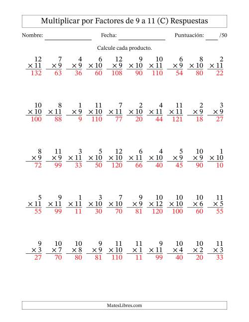 La hoja de ejercicios de Multiplicar (Factores de 1 a 12) por Factores de 9 a 11 (50 Preguntas) (C) Página 2