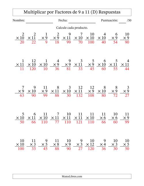 La hoja de ejercicios de Multiplicar (Factores de 1 a 12) por Factores de 9 a 11 (50 Preguntas) (D) Página 2