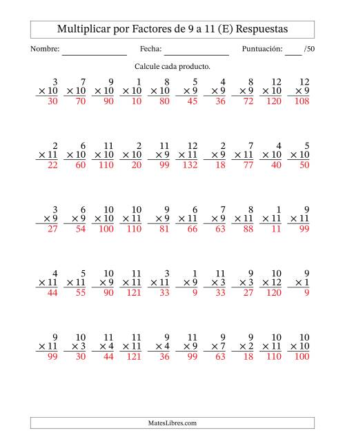 La hoja de ejercicios de Multiplicar (Factores de 1 a 12) por Factores de 9 a 11 (50 Preguntas) (E) Página 2