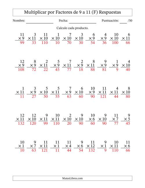 La hoja de ejercicios de Multiplicar (Factores de 1 a 12) por Factores de 9 a 11 (50 Preguntas) (F) Página 2