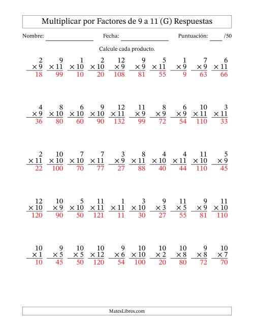 La hoja de ejercicios de Multiplicar (Factores de 1 a 12) por Factores de 9 a 11 (50 Preguntas) (G) Página 2