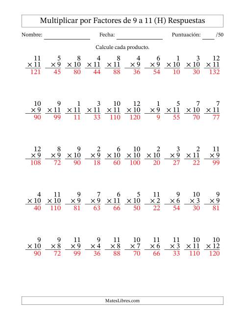 La hoja de ejercicios de Multiplicar (Factores de 1 a 12) por Factores de 9 a 11 (50 Preguntas) (H) Página 2