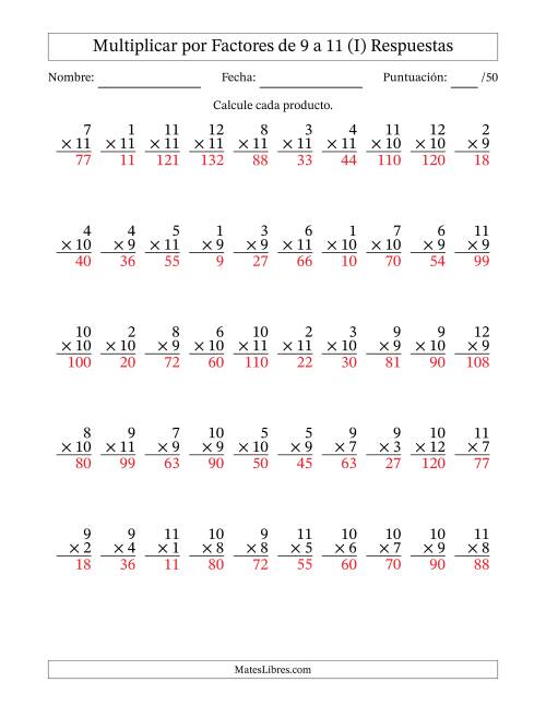 La hoja de ejercicios de Multiplicar (Factores de 1 a 12) por Factores de 9 a 11 (50 Preguntas) (I) Página 2