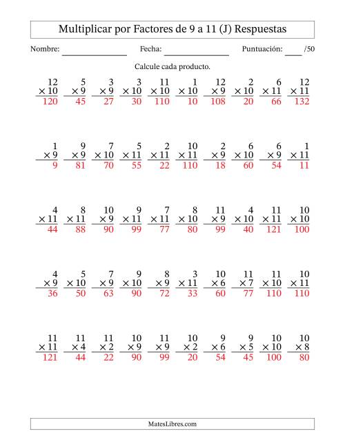 La hoja de ejercicios de Multiplicar (Factores de 1 a 12) por Factores de 9 a 11 (50 Preguntas) (J) Página 2