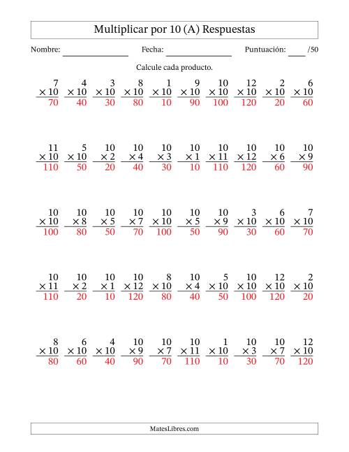 La hoja de ejercicios de Multiplicar (Factores de 1 a 12) por 10 (50 Preguntas) (A) Página 2