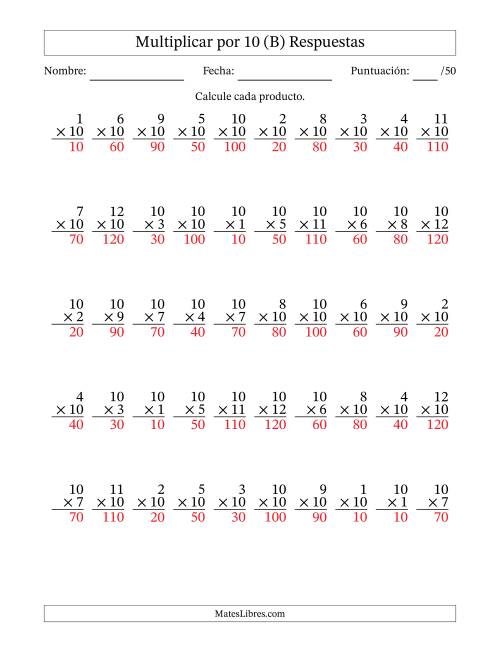 La hoja de ejercicios de Multiplicar (Factores de 1 a 12) por 10 (50 Preguntas) (B) Página 2