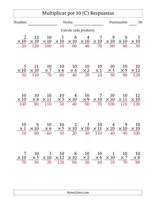 La hoja de ejercicios de Multiplicar (Factores de 1 a 12) por 10 (50 Preguntas) (C) Página 2